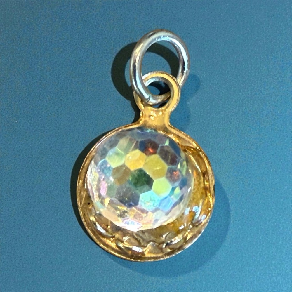 TINY Crystal Faceted Ball Orb Charm Pendant Vintage Gold Tone Dainty Lightweight